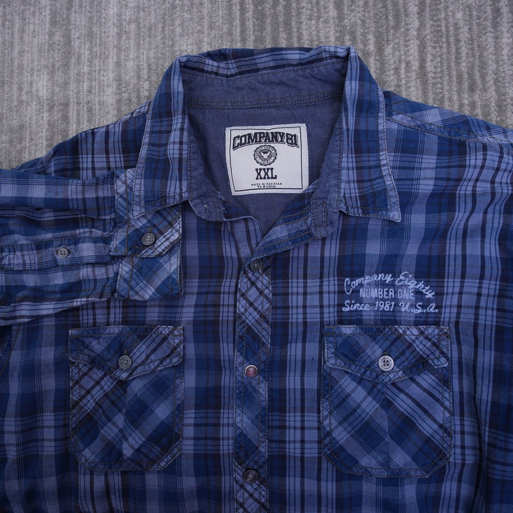 Company 81 Mens XXL Blue Plaid Long Sleeve Button Down Shirt Roll Tab Pockets